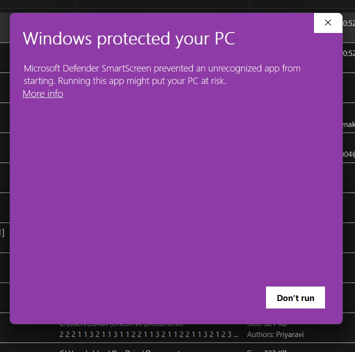 Example Windows installer warning with More info and Install anyway buttons